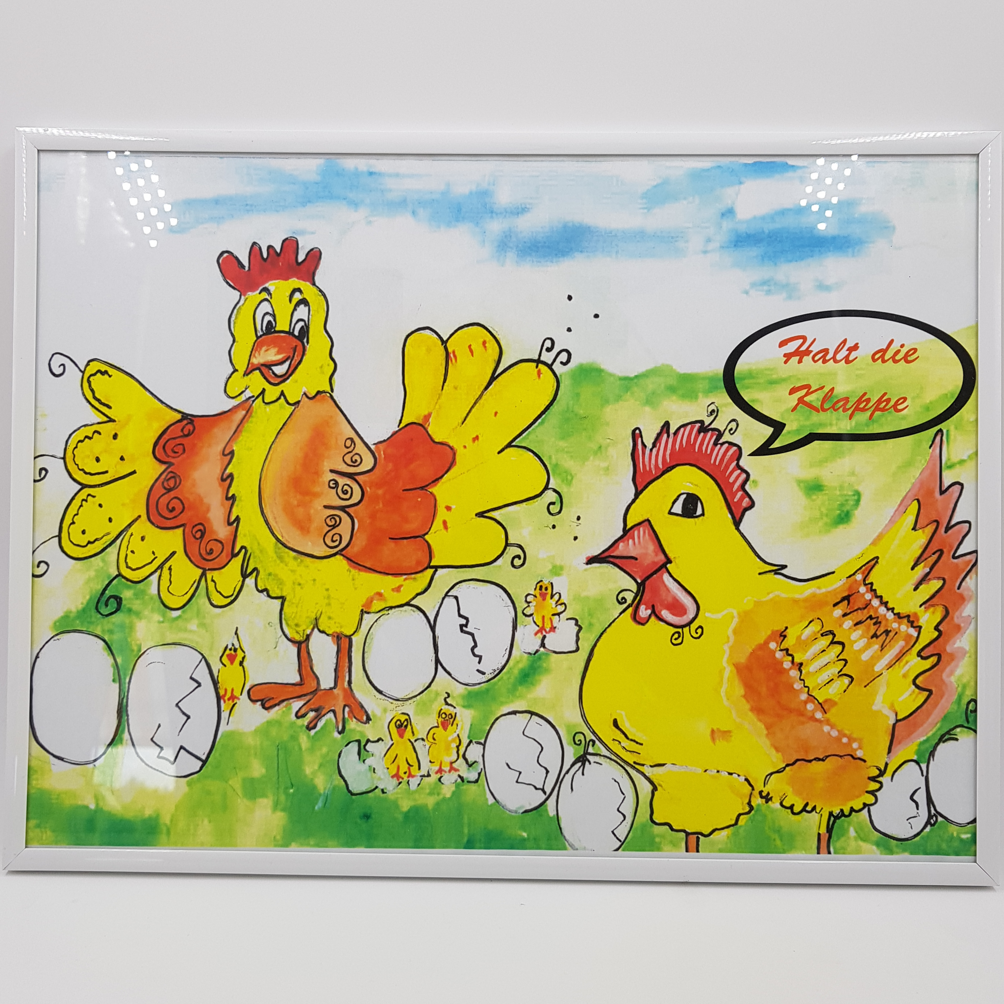 weißer Bilderrahmen mit Bild "neugierige Hühner"