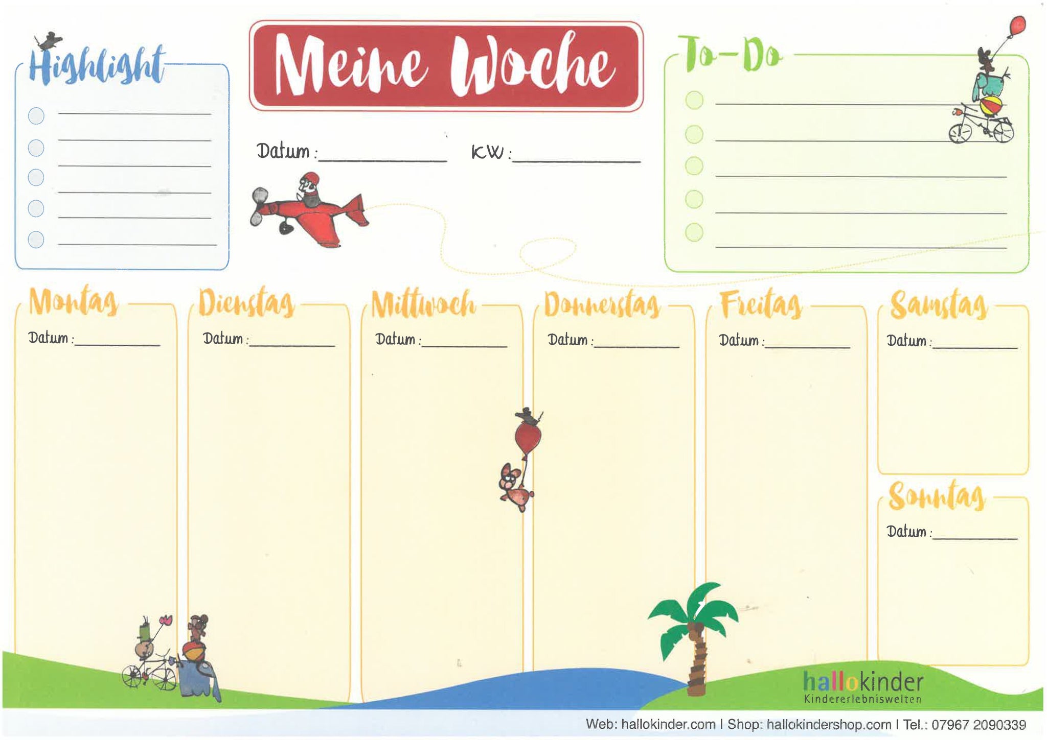 "Wochenplan / Wochenplaner der freudigen Aufgaben" DIN A4 OHNE Deckblatt - hallokindershop